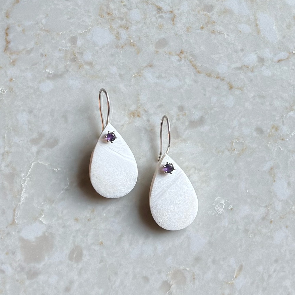NWOT Sundance Snow Queen Earrings, Scolecite, Amethyst, Sterling Silver